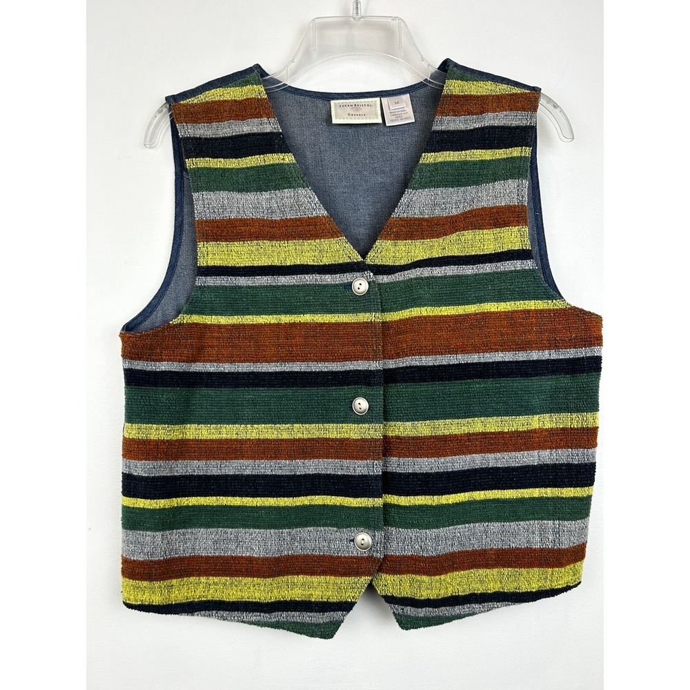 Vtg Tapestry Vest Womans M Jean Denim Vest Art to Wear Colorful Striped Preppy